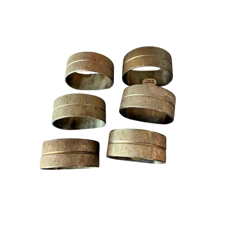 6 Brass Tone textured Napkin Rings Made In Hong Kong Lot Of 6 Vintage MCM
